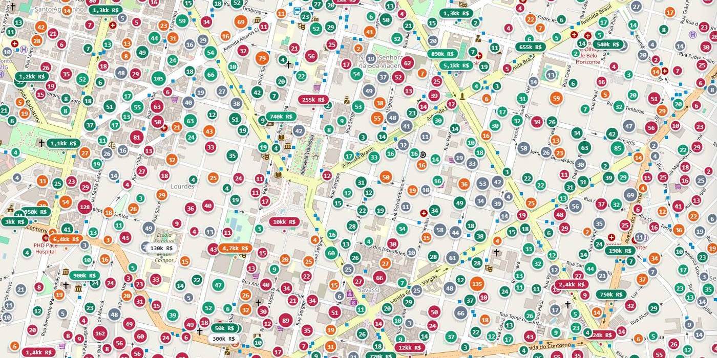 Mapa de Belo Horizonte com os imóveis anunciados, cada um com o preço por m² comparado ao do bairro